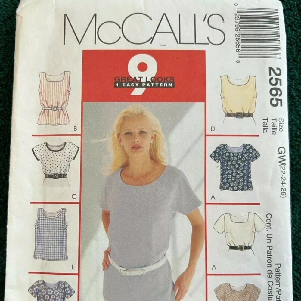 McCall's 2565 Tops or Blouses - 9 Made Easy Misses 22-24-26
